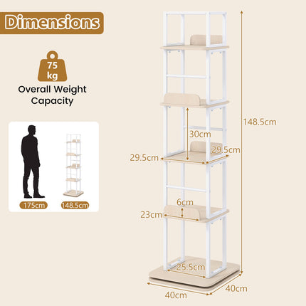 5-Tier Rotating Bookshelf Tower with 360 Spin, Oak Finish