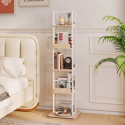 5-Tier Rotating Bookshelf Tower with 360 Spin, Oak Finish