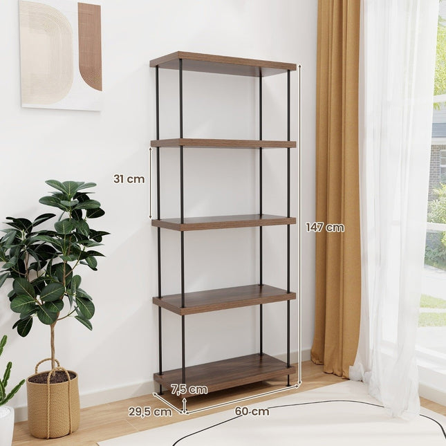5 Tier Standing Shelf with Metal Frame Industrial Bookcase Storage Rack 60 x 29.5 x 147 cm
