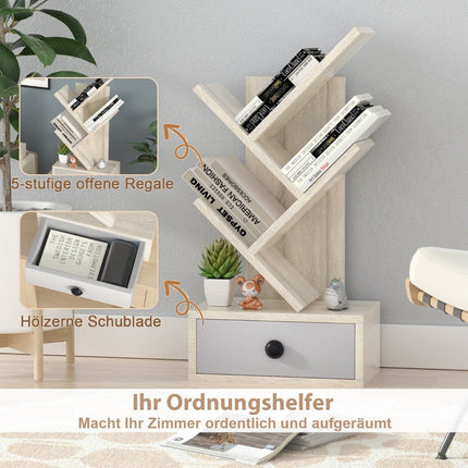 5 Tier Tree Bookshelf with Drawer Multi-Purpose CD & DVD Shelf Beige