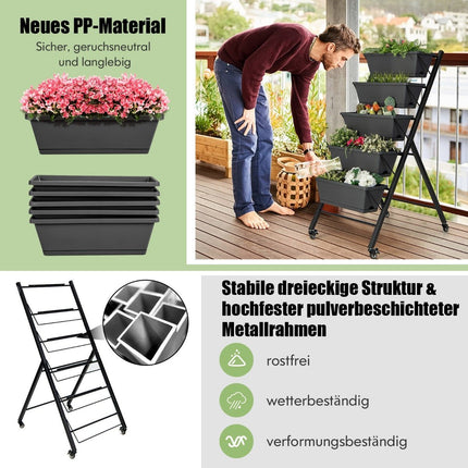 5 Tier Vertical Raised Bed with Wheels & Drainage Holes & Container Boxes Black