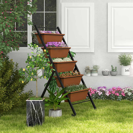 5-Tier Vertical Raised Garden Bed with Wheels, 5 Boxes, Brown