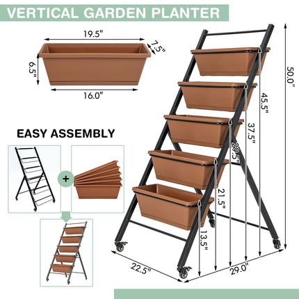 5-Tier Vertical Raised Garden Bed with Wheels, 5 Boxes, Brown