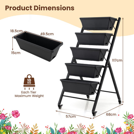 5-Tier Vertical Raised Garden Bed with Wheels, Removable Boxes