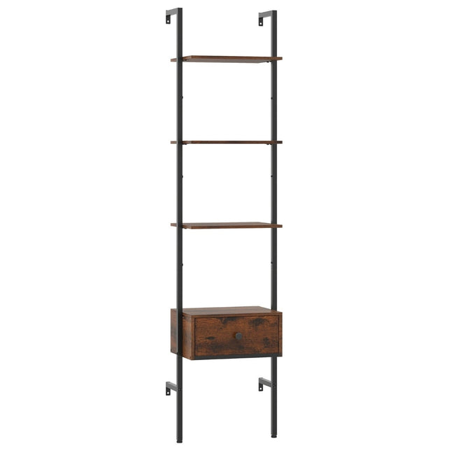 5-Tier Wall-Mounted Ladder Bookshelf with Drawer