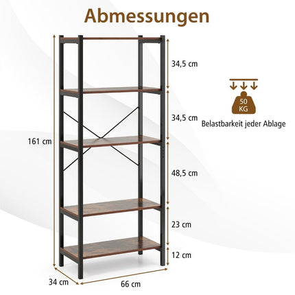 5-Tier Wooden Bookshelf with Metal Frame, 66x34x161 cm