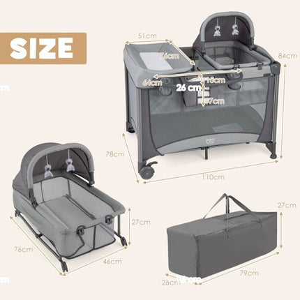 5-in-1 Baby Travel Cot Playpen with Changing Table, Grey