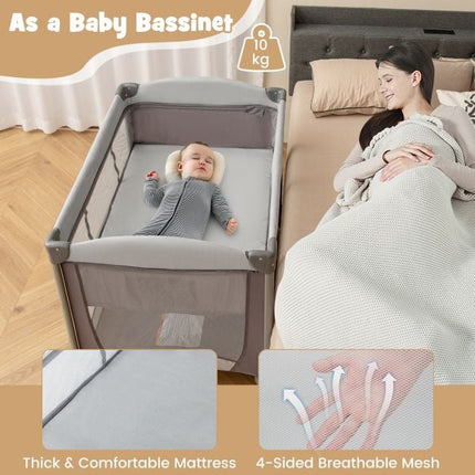 5-in-1 Baby Travel Cot Playpen with Changing Table, Grey