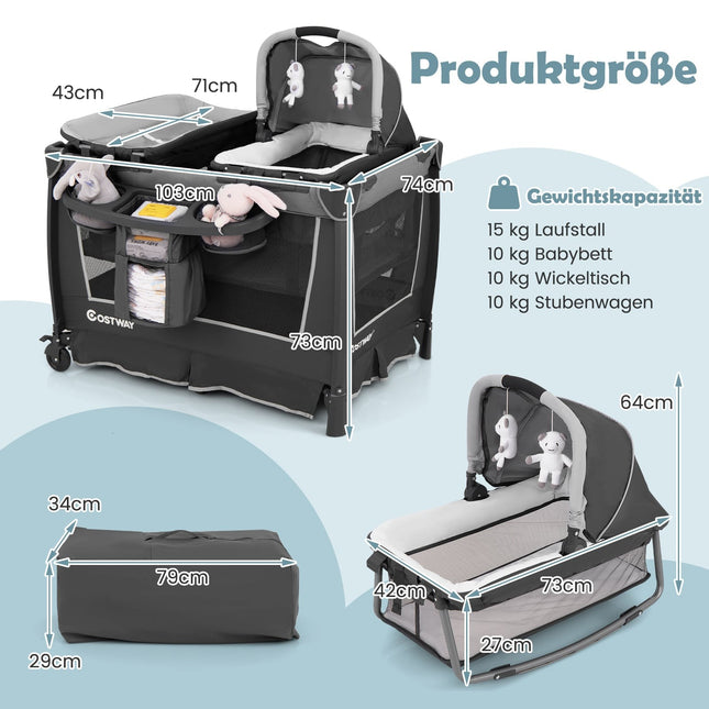 5-in-1 Foldable Baby Crib with Bassinet & Changing Pad