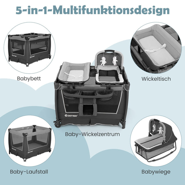 5-in-1 Foldable Baby Crib with Bassinet & Changing Pad
