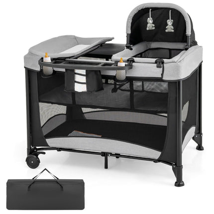 5 in 1 Portable Baby Bed with Travel Cot & Cradle & Playpen & Changing Table Black + Gray