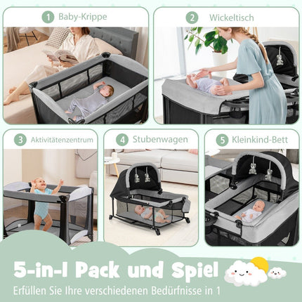 5 in 1 Portable Baby Bed with Travel Cot & Cradle & Playpen & Changing Table Black + Gray