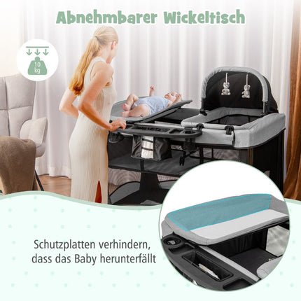 5 in 1 Portable Baby Bed with Travel Cot & Cradle & Playpen & Changing Table Black + Gray