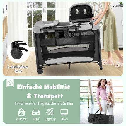 5 in 1 Portable Baby Bed with Travel Cot & Cradle & Playpen & Changing Table Black + Gray