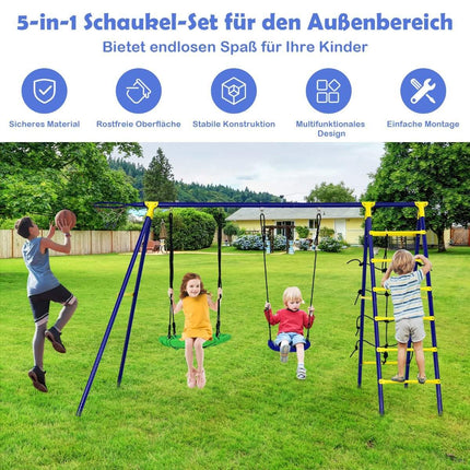 5-in-1 Kids Swing Set with Basketball Hoop, Climbing Net & Ladder, Blue