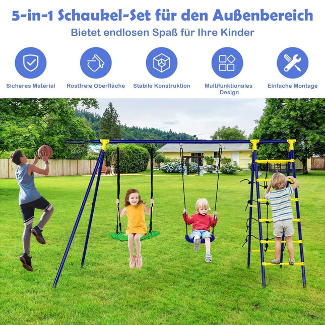 5-in-1 Kids Swing Set with Basketball Hoop, Climbing Net & Ladder, Blue
