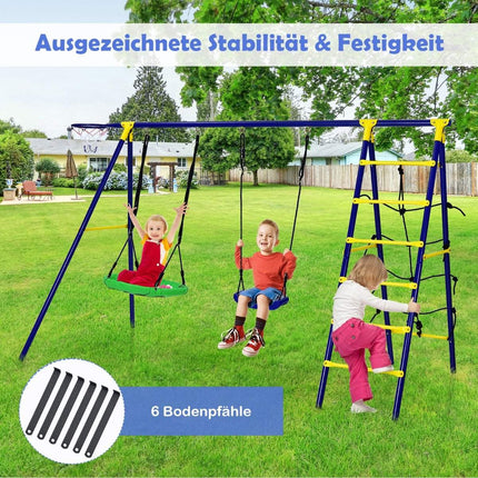 5-in-1 Kids Swing Set with Basketball Hoop, Climbing Net & Ladder, Blue
