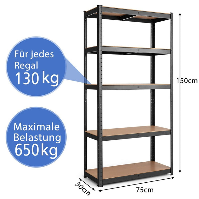 5 level storage rack with metal frame, metal rack, load capacity up to 650 kg, 75 x 30 x 150 cm, black