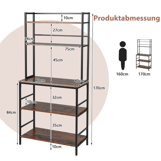 Keukenrek met 5 niveaus, bevestiging en open planken, anti-kantelvoorziening, vrijstaand keukenrek, rustiek bruin