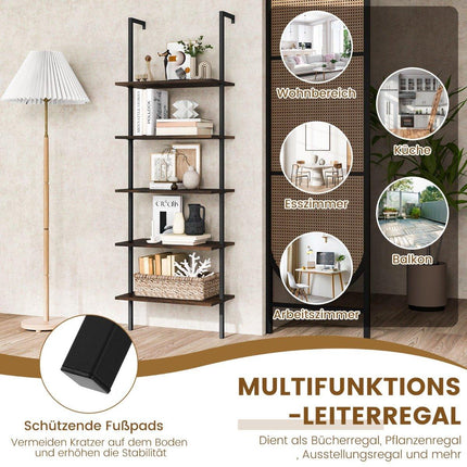 5-tier ladder shelf wall shelf with steel frame 60 x 30 x 180 cm rustic brown