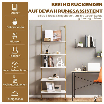 5-tier ladder shelf wall shelf with steel frame 60 x 30 x 180 cm white & gold