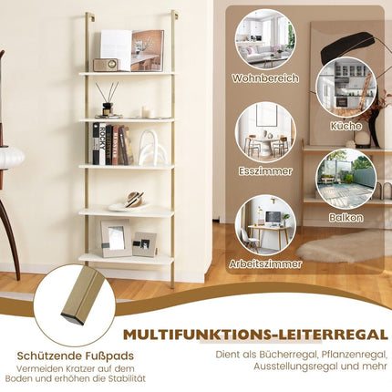 5-tier ladder shelf wall shelf with steel frame 60 x 30 x 180 cm white & gold