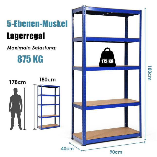 5 tier storage shelf, space-saving heavy-duty shelf, metal shelf, workshop shelf, blue
