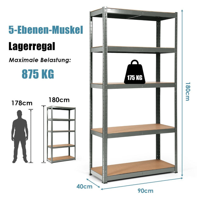 5 tier storage shelf, space-saving heavy-duty shelf, metal shelf, workshop shelf, grey