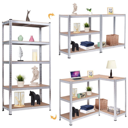 5 tier storage shelf, space-saving heavy-duty shelf, metal shelf, workshop shelf, silver