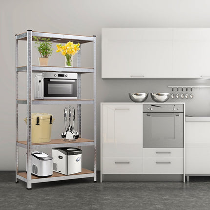 5 tier storage shelf, space-saving heavy-duty shelf, metal shelf, workshop shelf, silver