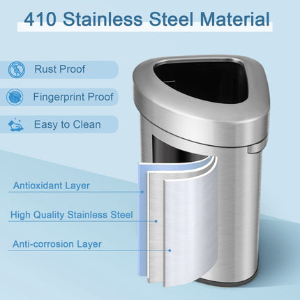 60L Stainless Steel Corner Trash Can With Lid, Non-Slip Base