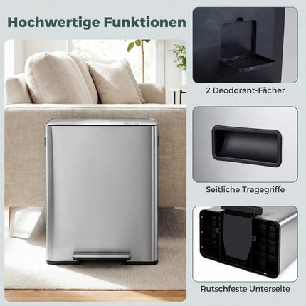 60L Stainless Steel Pedal Bin with Soft-Close Lid & Dual Compartments