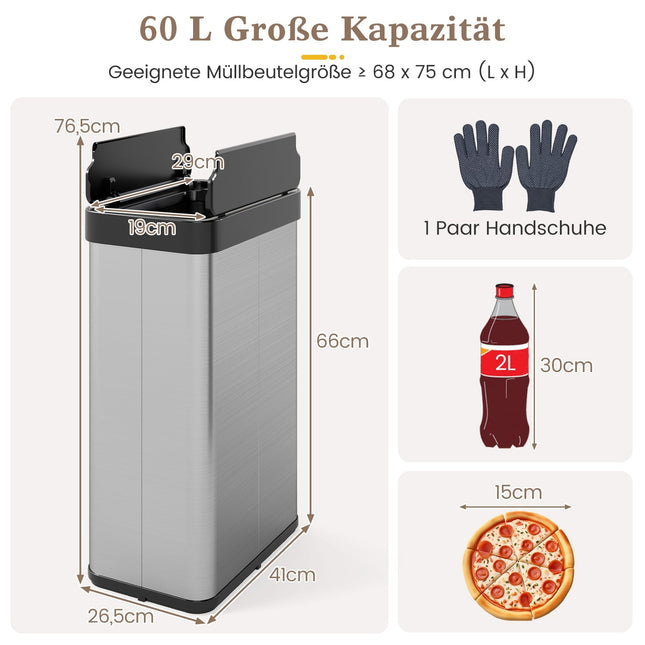 Kosz na śmieci ze stali nierdzewnej 60L z czujnikiem ruchu