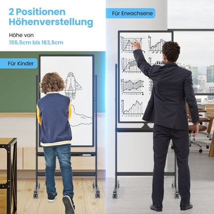 60 x 100 cm Double-Sided Magnetic Whiteboard with Wheels & Stand & Pen Tray Black
