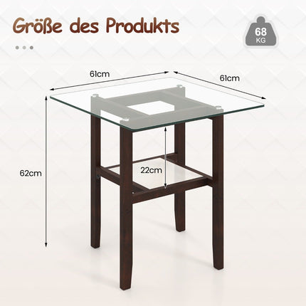 61 cm long and wide glass side table 2-tier glass table with storage space brown
