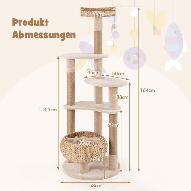 64" Scratching Post with Perch & Cattail Basket Bed 6 Tier Climbing Tree Cat Tree