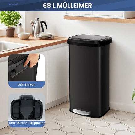 68L Black Kitchen Trash Can with Soft-Close Lid