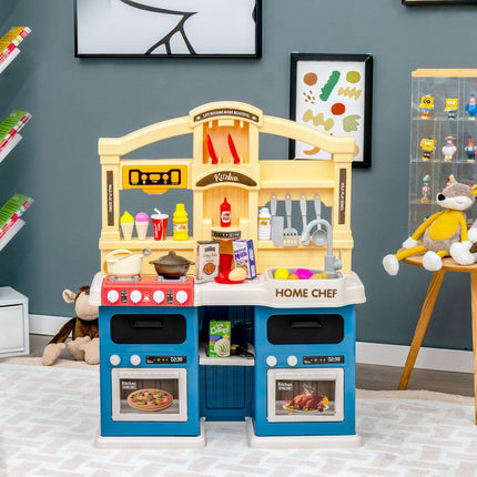 69-piece children's kitchen including accessories, play kitchen with lights, steam, music, and sound, blue