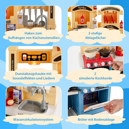 69-piece children's kitchen including accessories, play kitchen with lights, steam, music, and sound, blue