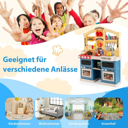 69-piece children's kitchen including accessories, play kitchen with lights, steam, music, and sound, blue