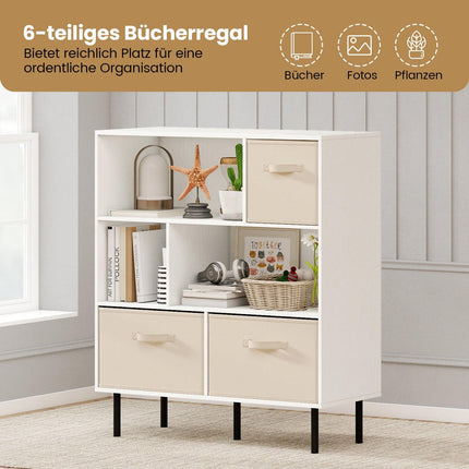 6-Cube Bookshelf with 3 Removable Fabric Drawers, White