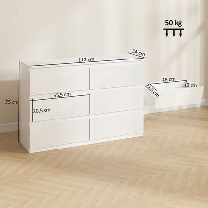 6-Drawer Dresser, White Chest of Drawers 112 x 34 x 75 cm