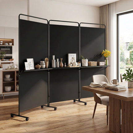 6 FT Black Room Divider with Shelves and Lockable Wheels