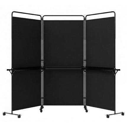 6 FT Black Room Divider with Shelves and Lockable Wheels