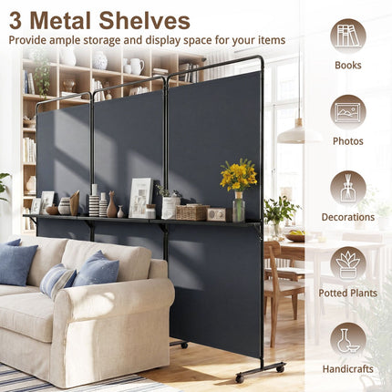 6 Ft Folding Room Divider with Shelves and Wheels - Grey