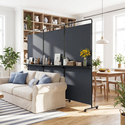 6 Ft Folding Room Divider with Shelves and Wheels - Grey