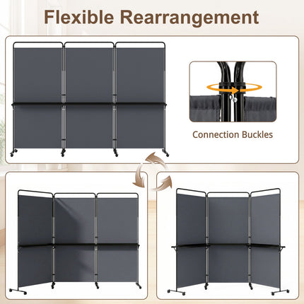 6 Ft Folding Room Divider with Shelves and Wheels - Grey