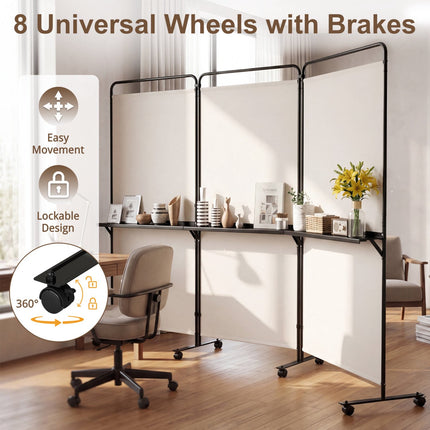 6 Ft White Room Divider with Shelves & Lockable Wheels