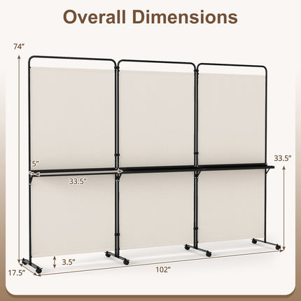 6 Ft White Room Divider with Shelves & Lockable Wheels