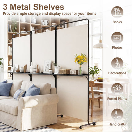 6 Ft White Room Divider with Shelves & Lockable Wheels